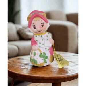 Vintage JASCO Critter Bells Cat with Bonnet Basket Bisque Porcelain with Tag